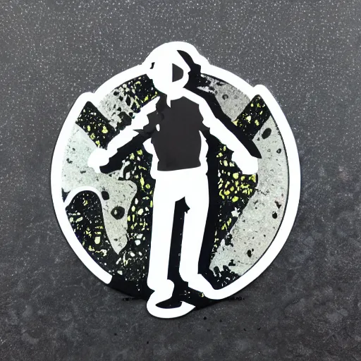 Image similar to die cut sticker, walter white breakdancing in techwear splatter paint