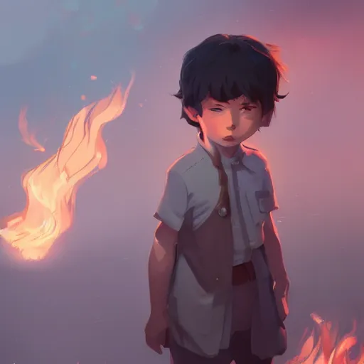 Image similar to a child with grey skin with blues and short brown hair, holding fire, highly detailed, digital painting, artstation, matte, by makoto shinkai, animation style