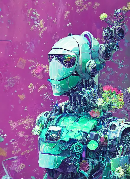 Image similar to closeup, underwater digital painting of a robot wearing a suit made of flowers, cyberpunk portrait by Filip Hodas, cgsociety, panfuturism, abstract expressionism, scribbles, made of flowers, dystopian art, vaporwave, anaglyph, #glitchart
