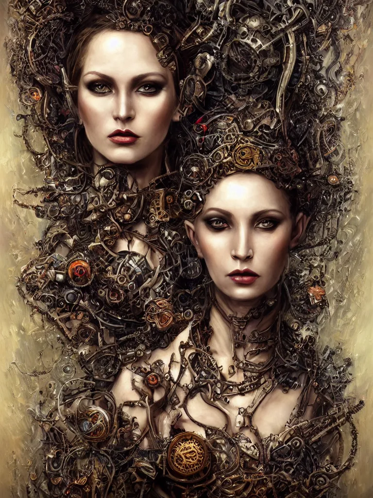 Image similar to very complex hyper-maximalist overdetailed cinematic darkfantasy portrait of an elegant very attractive steampunk woman by andrei riabovitchev, tomasz alen kopera, oleksandra shchaslyva. Omnious intricate. Focus on face. Artstation. Deviantart. 8k 4k 64megapixel. Rendered by binx.ly. discodiffusion style portrait.