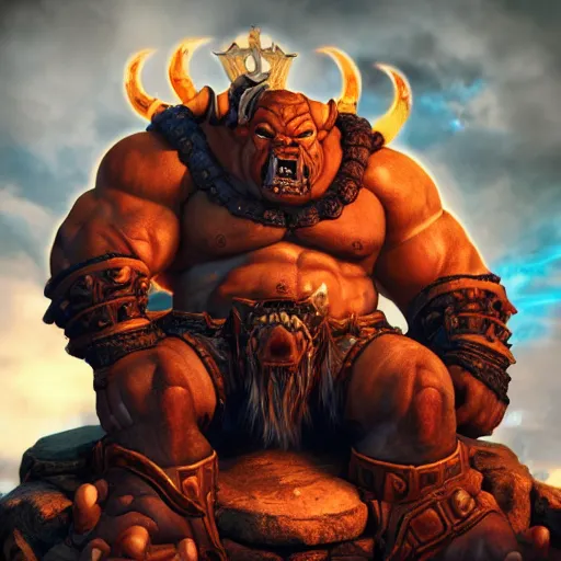 Prompt: Garrosh Hellscream from World of Warcraft sitting on a throne, 4k, hyperrealistic, focused, digital art, extreme details,unreal engine 5, cinematic, masterpiece