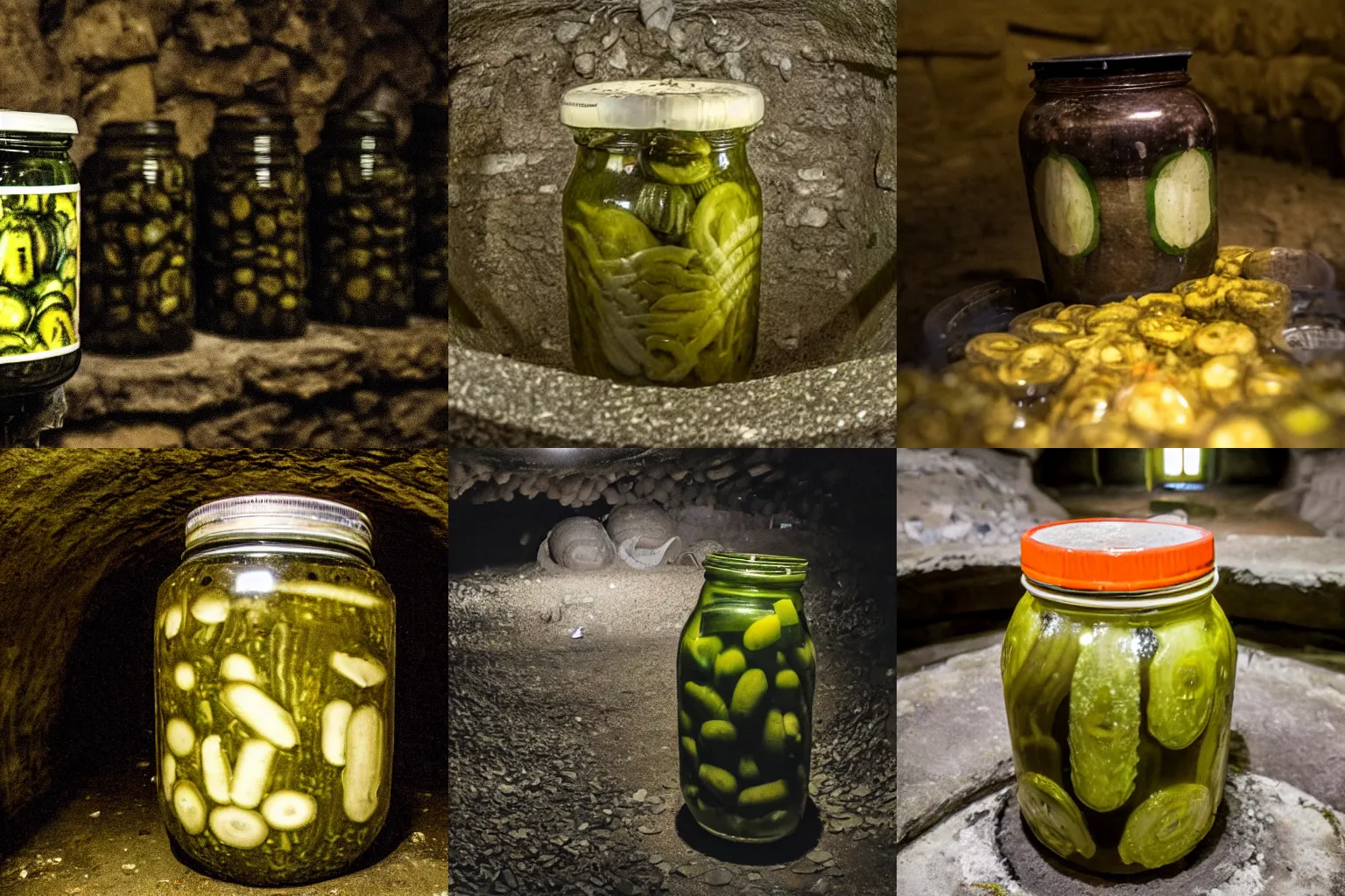 Prompt: cryptid photo of a jar of pickles in the paris catacombs