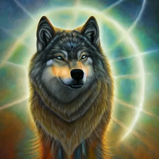 Image similar to enlightened spirit wolf teacher by MICHAEL DIVINE and by AMANDA SAGE in the style of oil painting visionary art, trending on artstation, very coherent symmetrical artwork, oil painting