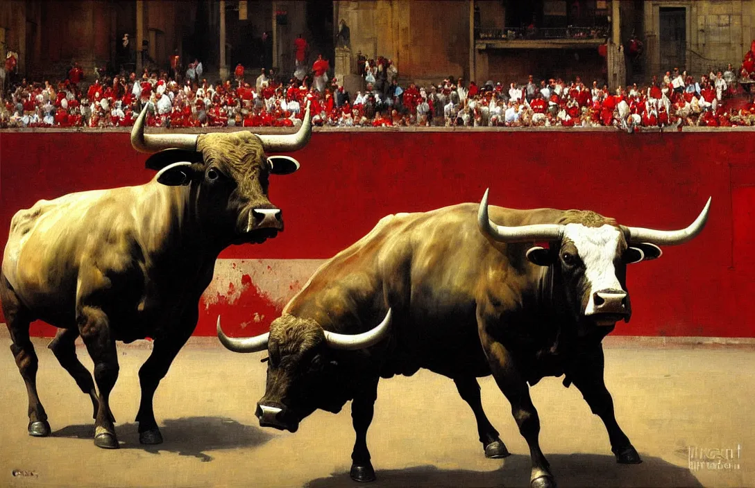 Image similar to bull in the bullring of pamplona, san fermin, detailed painting, epic lighting, by ilya repin, phil hale and kent williams