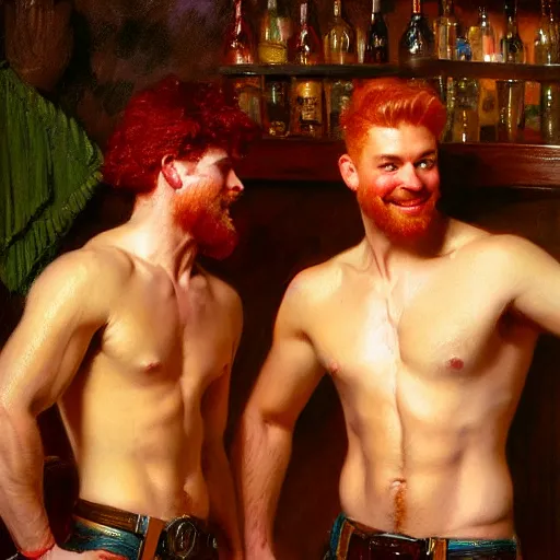 Image similar to attractive mike, wearing pants, with ginger hair with attractive tyler with brunet hair, drinking their hearts out, in a pub, no shirt. very defined and highly detailed painting by gaston bussiere, j. c. leyendecker, craig mullins 8 k