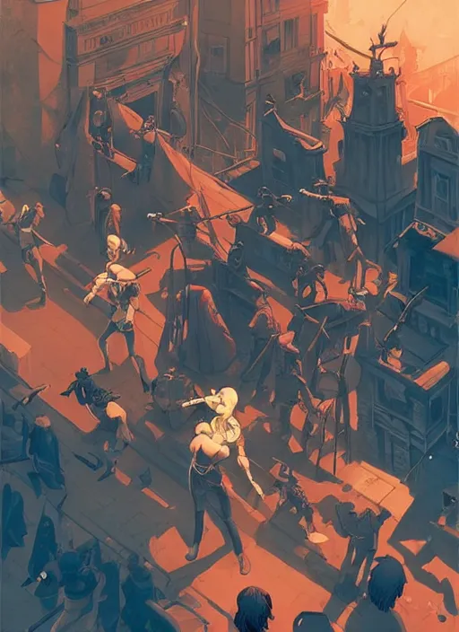 Prompt: looking down on the battles in the streets during the french revolution, in the style of artgerm, gerald brom, atey ghailan and mike mignola, vibrant colors and hard shadows and strong rim light, plain background, comic cover art, trending on artstation