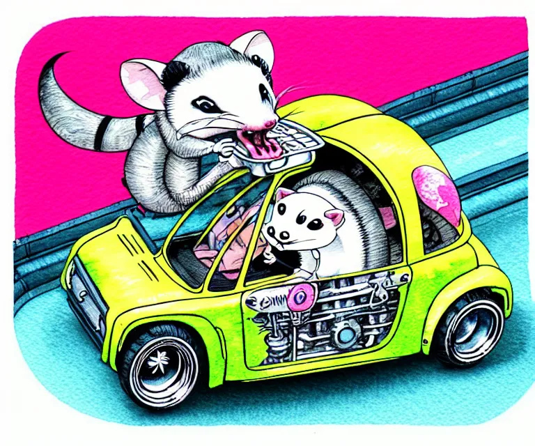 Image similar to cute and funny, opossum wearing a helmet riding in a tiny hot rod with oversized engine, ratfink style by ed roth, centered award winning watercolor pen illustration, isometric illustration by chihiro iwasaki, edited by range murata, tiny details by artgerm and watercolor girl, symmetrically isometrically centered, focused