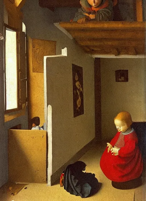 Image similar to cozy children room with toys, there was a crib with very high barred sides against the wall. The boy was holding a toy in his hands, apparently fiddling with it, medieval painting by Jan van Eyck, Johannes Vermeer