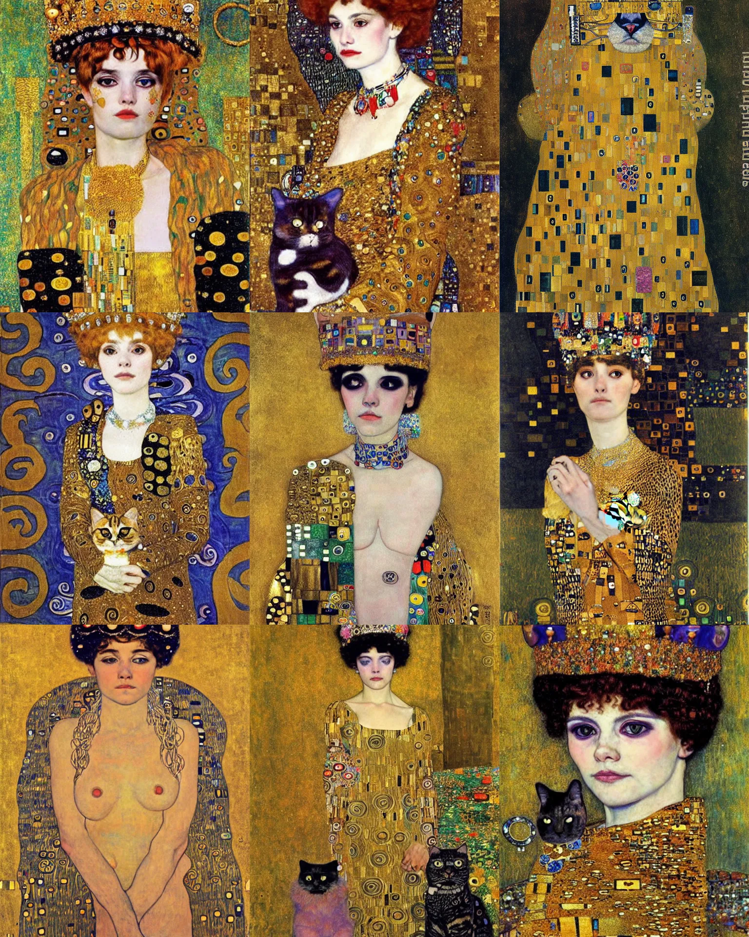 Prompt: a beautiful portrait of a humanoid cat wearing jewels and crown by Gustav Klimt and Carlos Schwabe
