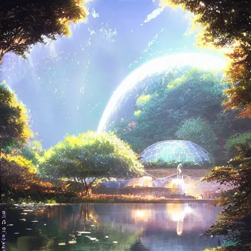 Image similar to geodesic dome in front of a lake with gardens and waterfall, gapmoe kuudere moody lighting stunning bokeh highlights sharp contrast | trending pixiv fanbox | by greg rutkowski makoto shinkai takashi takeuchi studio ghibli