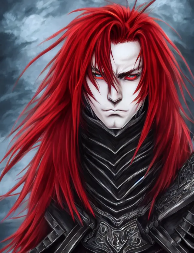 Image similar to a detailed manga portrait of a handsome vampire boy with long crimson hair in dark black spiked armour, trending on artstation, digital art, 4 k resolution, detailed, high quality, sharp focus, hq artwork, coherent, insane detail, character portrait