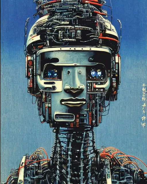 Prompt: Hiroshige portrait of a robot saint made of cables and robotic pod by John Berkey