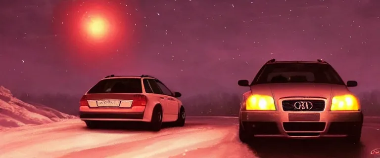Prompt: Audi A4 B6 Avant (2002), a gritty neo-noir, dramatic bright lighting, cinematic, establishing shot, extremely high detail, photorealistic, cinematic lighting, artstation, by simon stalenhag, Snowy japanese mountain road, At night