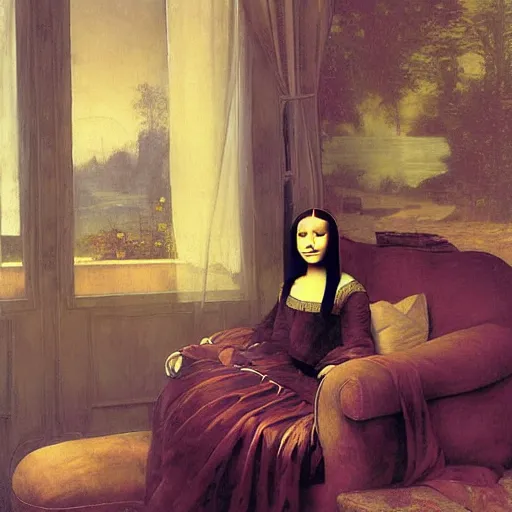 Image similar to Monalisa is sitting on her living room couch. She is dressed casually and is watching TV, Regal, Realistic, Refined, Detailed Digital Art, Josephine wall, Oil Painting, William-Adolphe Bouguereau, Art Frahm, Esao Andrews, Steampunk, Walt Disney (1937), Highly Detailed, Cinematic Lighting, Unreal Engine, 8k, HD