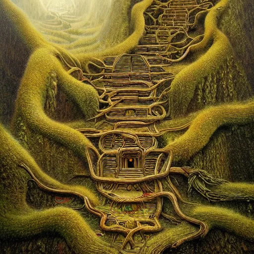 Prompt: intricate stunning highly detailed illustration of the inca lost city of gold, 🌱, by agostino arrivabene and vladimir kush, blood rivers running through stairs, surreal, digital painting, ultra realistic, dramatic lighting, twisted vines, lush plants, gold, inca, pristine water, artstation