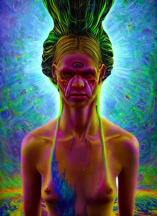 Image similar to portrait ultra dimensional cult girl shaman, accidentally tripping on dmt and acid, psychedelic experience, overwhelming psychosis of self realization and burning awakening, ultra high definition, unreal engine 5, hyperrealism, masterpiece composition, by peter kemp, casey weldon, barclay shaw