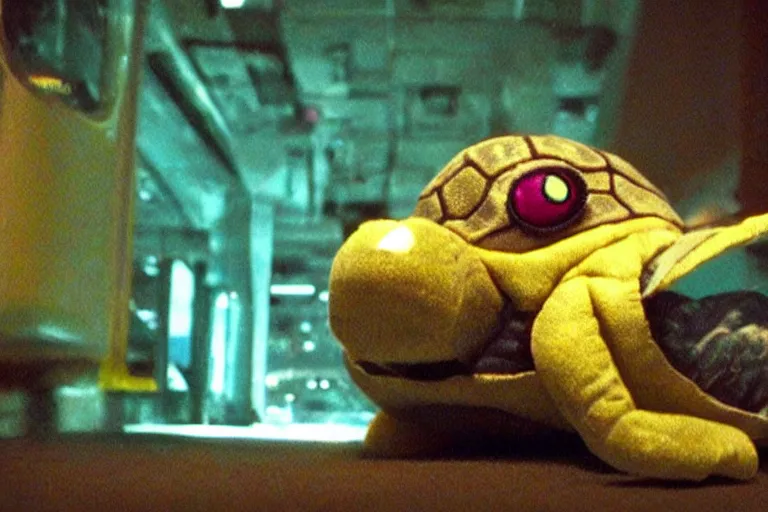 Image similar to cyborg stuffed turtle plushie in cyberspace, in 2 0 5 5, y 2 k cybercore, industrial low - light photography, still from a ridley scott movie