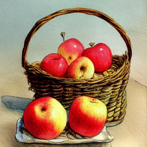 Image similar to a painting of a basket of apples and a can of yogurt, a still life by Beatrix Potter, featured on deviantart, naive art, storybook illustration, watercolor, photoillustration