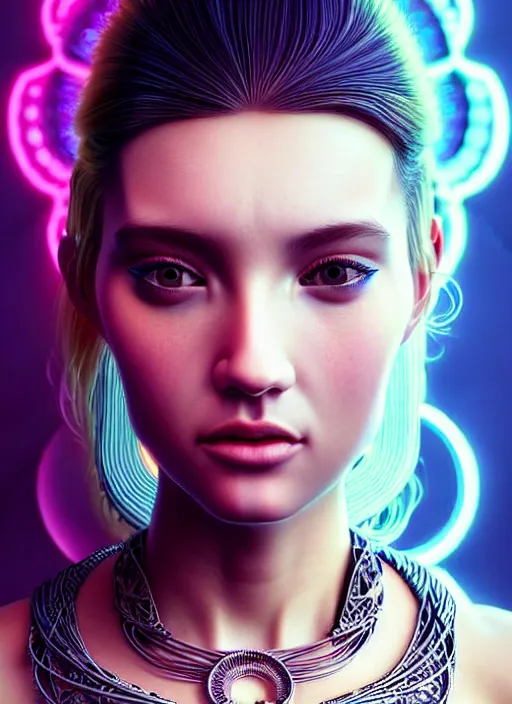 Prompt: a highly detailed long shot photo of intricate female face portrait, futurism, rococo, cyber neon lighting, detailed futuristic fibonacci jewelry, profile posing, hyper photorealistic, crispy quality, digital photography, trending in pinterest, cinematic, 4 k ultra hd, art by pascal blanche, art by greg rutkowski, art by artgerm,