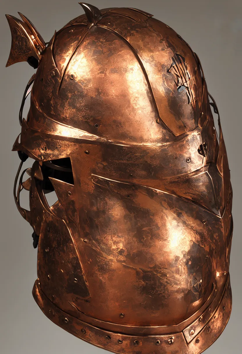 Prompt: a presentation photo of a duel knight's helmet that is made of copper and gold, beautiful ornated details