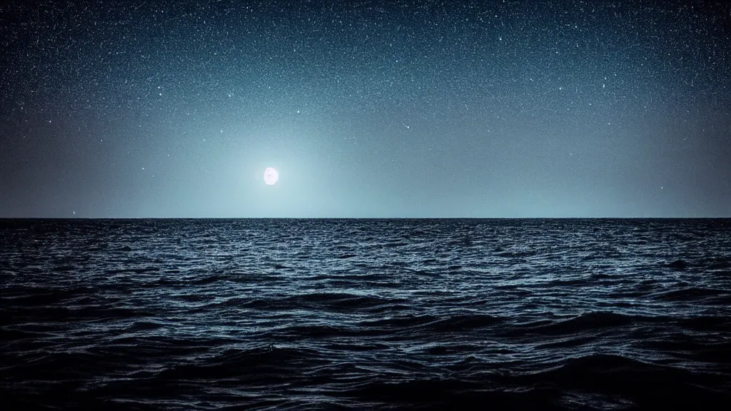 Image similar to a distant ferry sailing through a deep black ocean made of stars. Ethereal lighting. Nighttime setting with the moon reflecting off the water