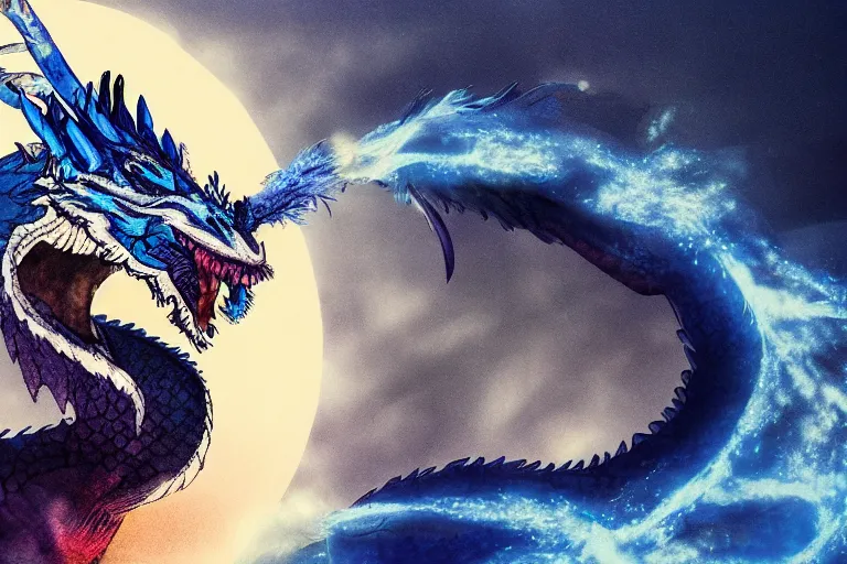 Prompt: an roaring blue and white dragon with colorful feather, digital art, moonlight, blue mist, blue smoke, close shot,