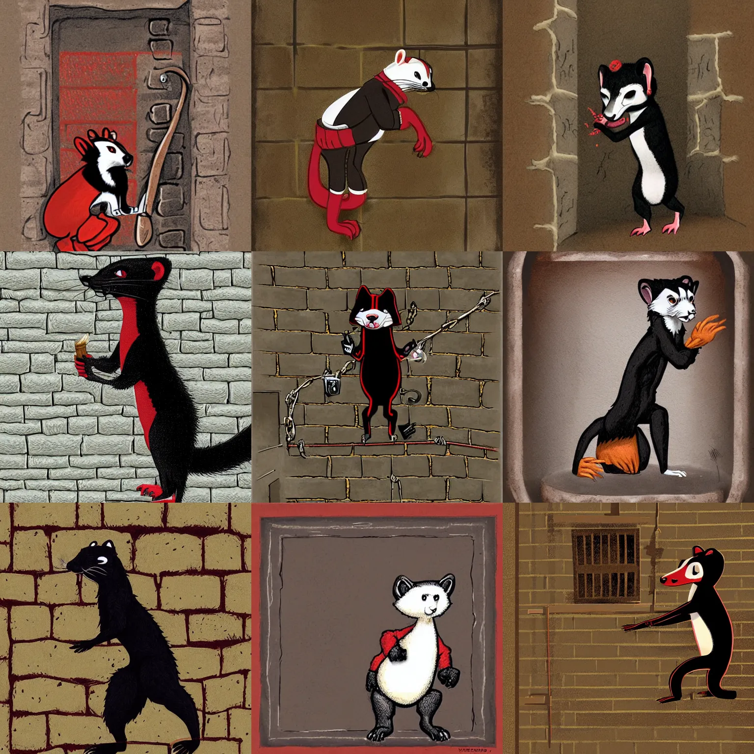 Prompt: illustration of an anthropomorphic red - and - black weasel - ferret - stoat fursona ( from the furry fandom ) dressed in prisoner's regalia, scratching and chiseling on a prison cell wall creating cracks and impressions, art style : world of darkness sourcebook ( by white wolf )