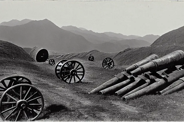 Image similar to artillery pieces entrenched with a beautiful background of hills and mountains, black and white photography, 1 9 0 5