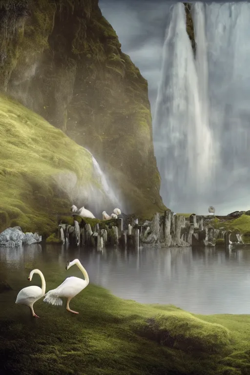 Prompt: beautiful bjork with swans in iceland by hubert robert and lee madgwick and roger dean and jacek yerka, dan mumford and alex grey style, soft lighting, 4 k hd wallpaper illustration concept joy atmospheric lighting
