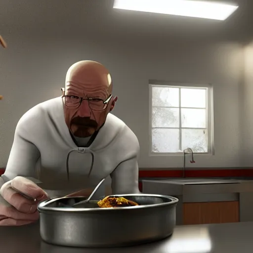 Image similar to Walter white eating chicken in a kitchen, award winning, trending on artstation, unreal engine