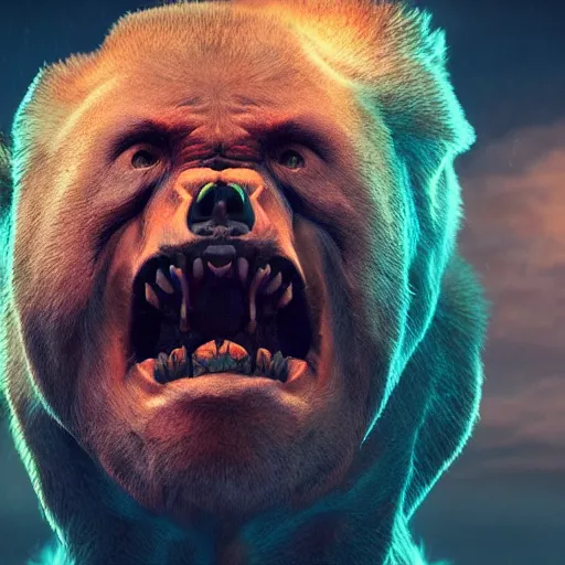 Prompt: human body bear faced hybrid creature, character concept art, portrait, epic, trending on artstation, very detailed, 4 k, hd, dramtic lighting, flowing energy, by beeple