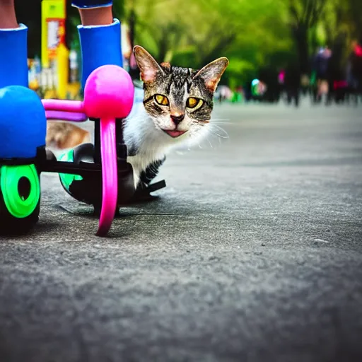Image similar to a cat on roller skates strolling through central park, close-up shot, 33mm photograph