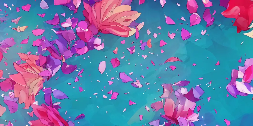 Image similar to background art of spaciously scattered flower petals flowing through the air from left to right on a clean background, petals, polygonal fragments, anime, artgerm, manga, trending on artstation, art nouveau, mature color scheme