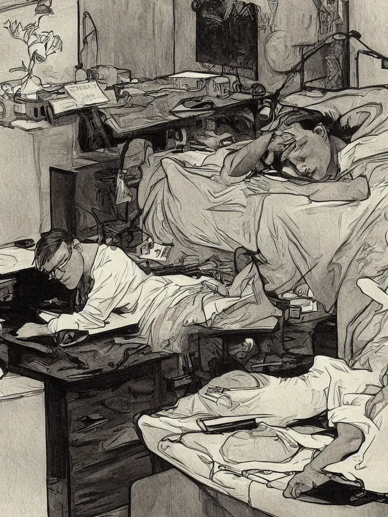 Image similar to John Carmack sleeping at desk near 90s computer running quake II, alphonse mucha style, impressionistic