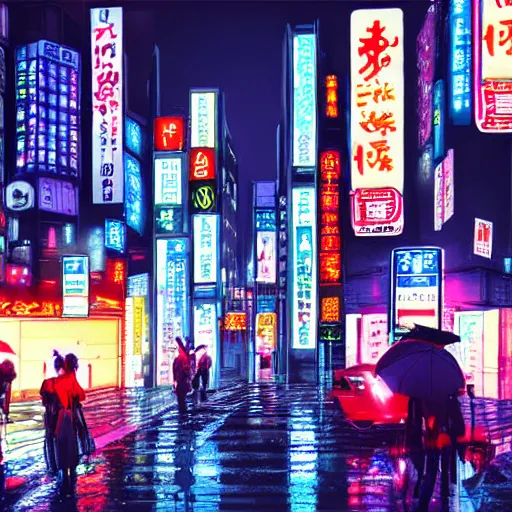 Image similar to cyberpunk Tokyo rainy street, bright neon lights, photorealistic