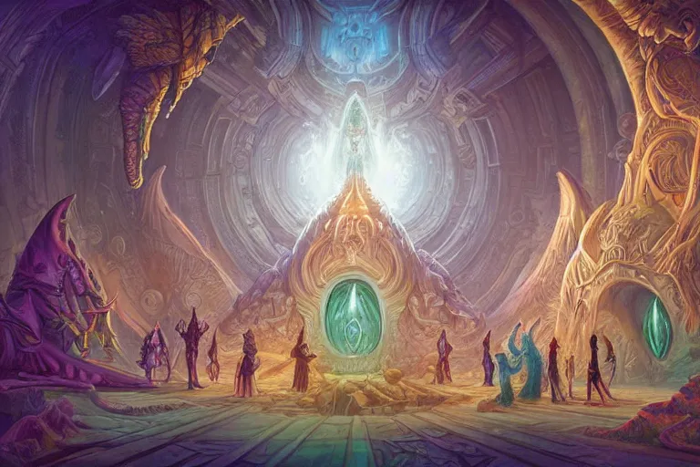 Prompt: suggestive mtg illustration by terese nielsen of a large group of people entering the glowing doorway of a massive vulva - shaped temple constructed of carved iridescent pearls and house - sized crystals of impossible architecture floating in the astral plane, trending on cgsociety.