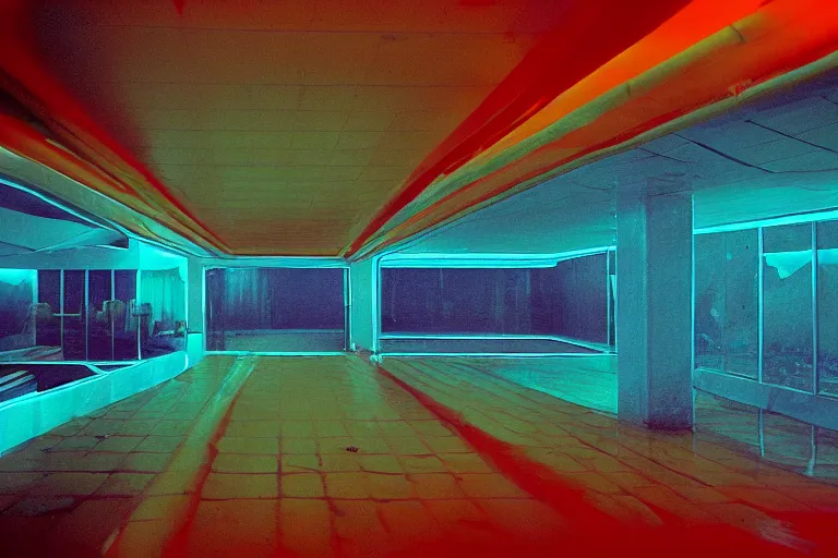 Prompt: 1 9 7 0 s found footage of an underwater space made up of a non - euclidean, geometric and tiled swimming pool hallways, neon color bleed, ektachrome photograph, volumetric lighting, f 8 aperture, cinematic eastman 5 3 8 4 film stanley kubrick