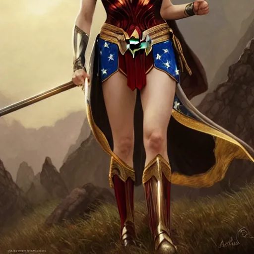 Prompt: Beautiful Alexandra Daddario as Wonder Woman, western, D&D, fantasy, intricate, elegant, highly detailed, digital painting, artstation, concept art, matte, sharp focus, illustration, art by Artgerm and Greg Rutkowski and Alphonse Mucha