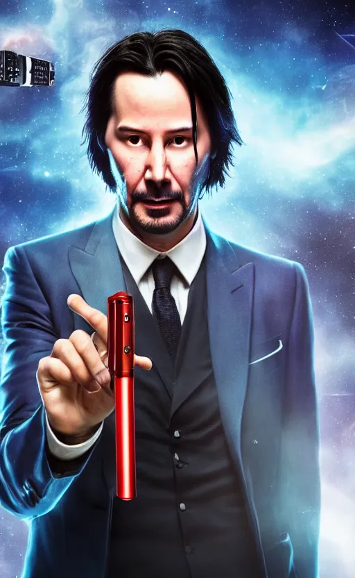 Image similar to portrait of Keanu reeves as 10th Doctor Who in the TARDIS with sonic screwdriver, Photo, High details, 8k, DSLR, long shot