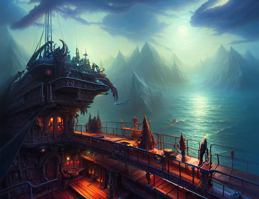 Image similar to standing upon the deck of the flying ship, d & d fantasy art, artstation contest winner, beautiful digital painting in the style of dan mumford, art by kev chan, volumetric lighting, concept art, speedpainting, fantasypunk, deep colors, cgsociety, by art germ, by gerald brom, by peter mohrbacher