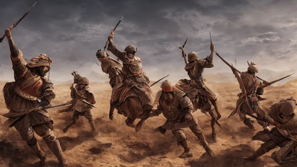 Prompt: Sogdian soldiers fighting Chinese Tang imperial soldiers in a sandy desert with no monuments, volumetric lighting, beautiful scenery, hd, hdr, cinematic 4k wallpaper, 8k, ultra detailed, high resolution, artstation, early medieval, ultra realistic