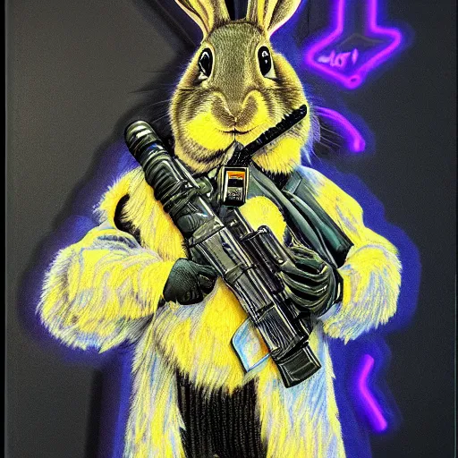 Image similar to portrait of rabbit with UV neon fur holding a machine gun , 8k, highly detailed, sharp, realistic, in style of Brom