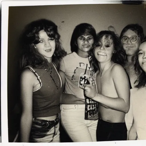 Image similar to a Polaroid photo of a 1980 party in a student apartment