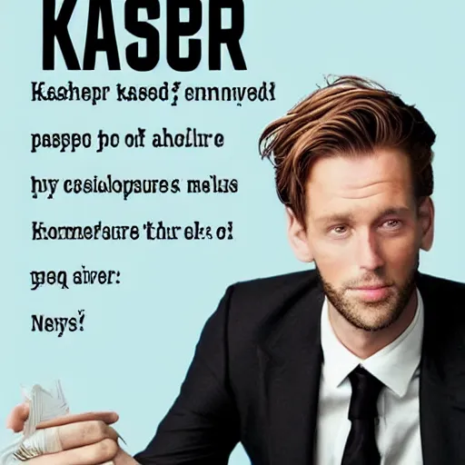 Prompt: Kasper Groveheard is a millionaire who is tall and slim but muscular with neat light brown hair and dark brooding eyes. He is formal and direct when talking to people. He is also charming, very generous and incredibly smart but he is known to have a temper. Kasper is a very private man as he tries to keep his life away from the nosey paparazzi and gossip columns.