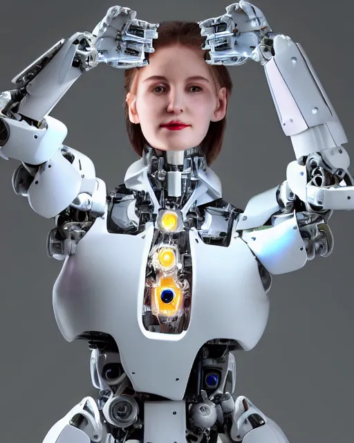 Image similar to blissful young woman with solarpunk mecha humanoid robotic parts with bright led lights, real human face, pudica pose gesture, by michelangelo, in white room, ultra - realistic and intricate, portrait shot 8 k