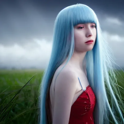 Prompt: a beautiful young girl with a long light blue hair, bangs, pale skin, wearing red formal attire, standing heroically beneath swirling clouds, highly detailed, 8 k, professional portrait, low - angle shot, shot from behind blades of grass, rain droplets frozen in time, god rays, sun beams, dark theme, style of junji ito