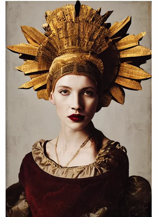 Prompt: portrait of young woman in renaissance dress and renaissance headdress, art by peter lindbergh