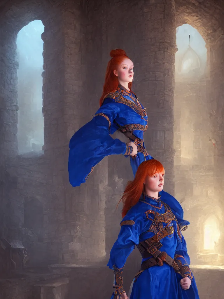 Prompt: daily life portrait of a ginger maiden inside a castle, god ray, gloomy, strong subsurface scattering, cobalt blue, symmetrical, highly detailed, digital painting, artstation, art by artgerm and greg rutkowski, concept art, smooth, sharp focus, illustration, cinematic lighting, 8 k resolution