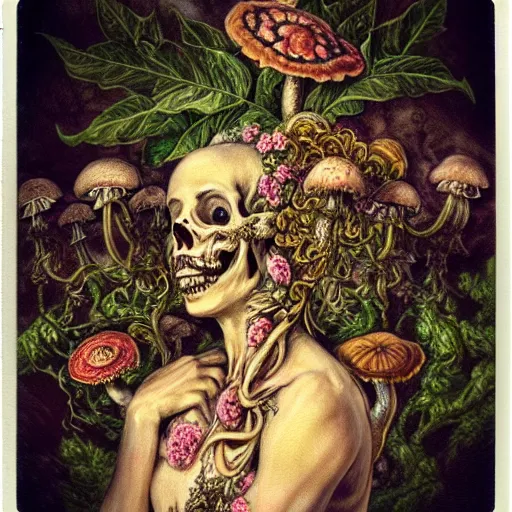 Image similar to a beautiful detailed front view rococo portrait of a rotten woman corpse becoming almost a skull with fractal plants and fractal flowers and mushrooms growing around, intricate, ornate, volumetric light, beautiful lit, polaroid photography, the northman