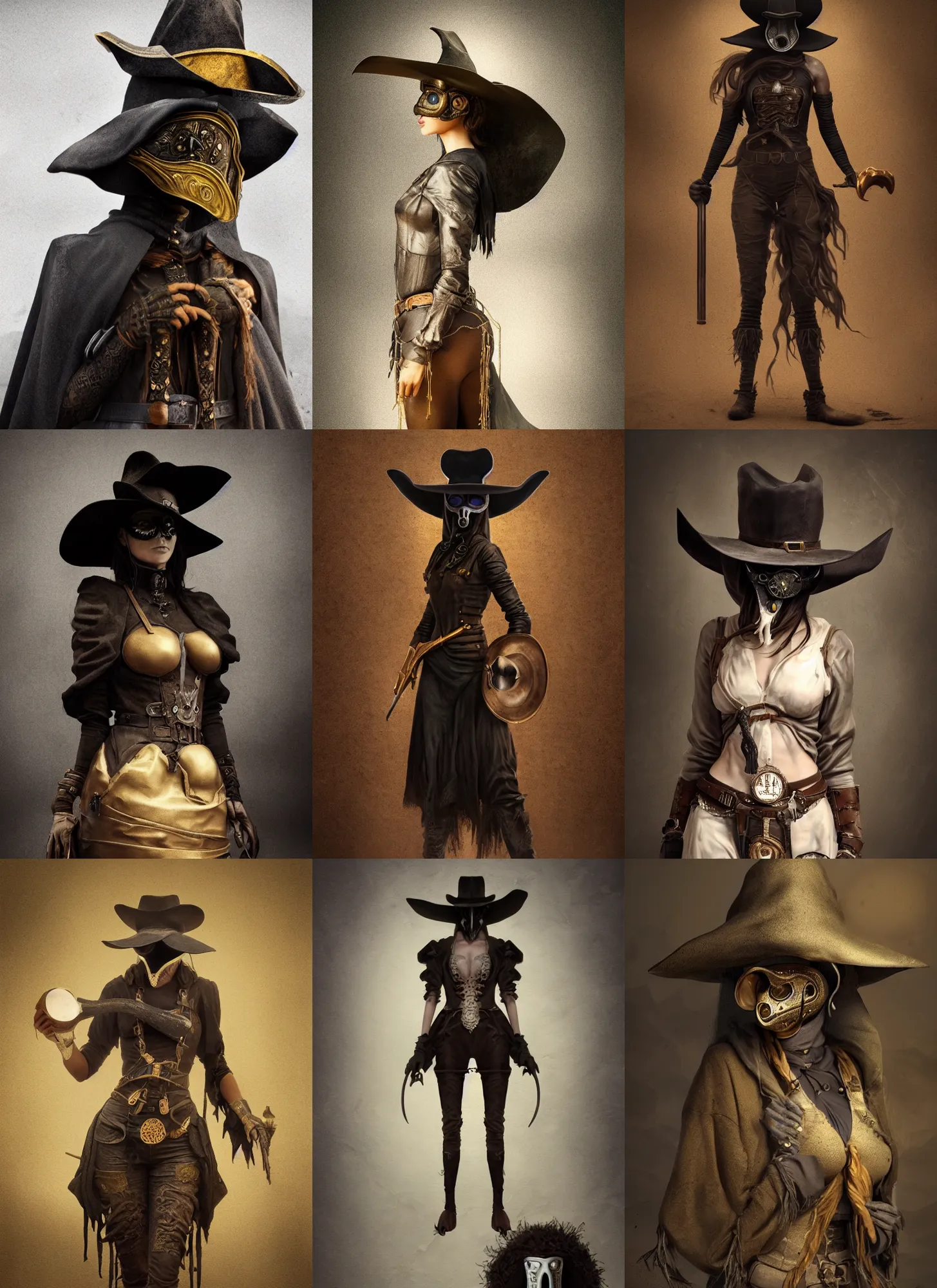 Prompt: detailed full body concept beautiful matte painting of a beautiful cowgirl plague doctor with a beautiful face, insanely detailed and intricate, octane render, golden ratio, dystopian background, vfx, postprocessing, alluring